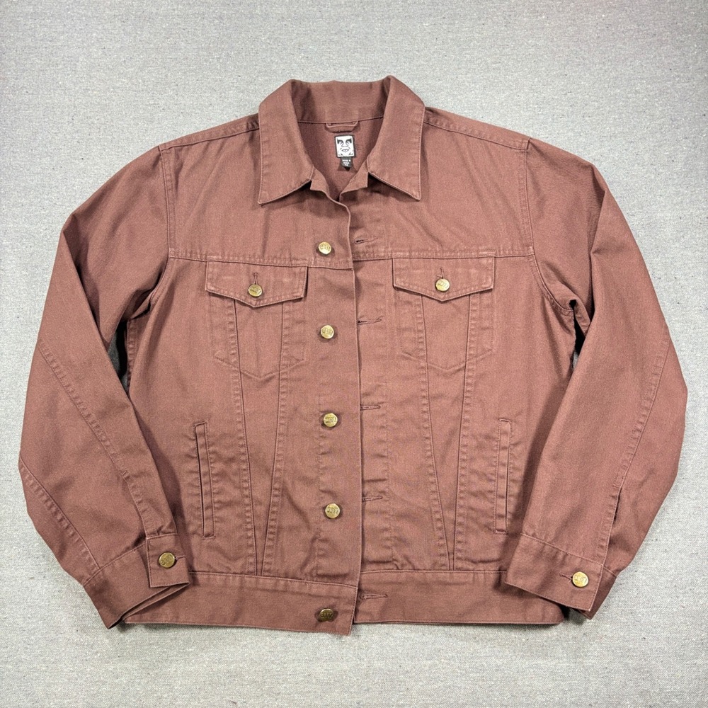 OBEY Brown Denim Trucker Jacket Size M — Graffiti Tag Print Back Panel